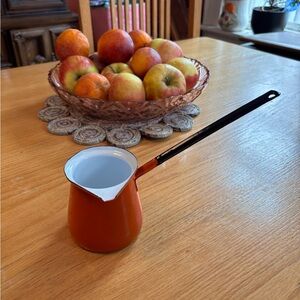 Orange Enamel Turkish Coffee Pot with Long Black Handle
